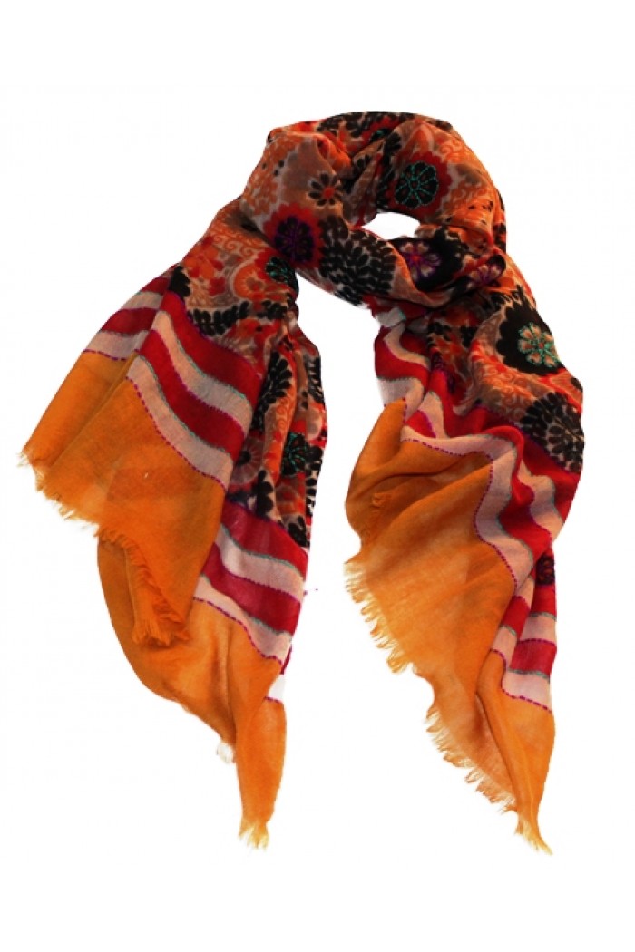 TWILL WOOL SCREEN PRINTED SCARF WITH EMBROIDERY HIGHLIGHTING